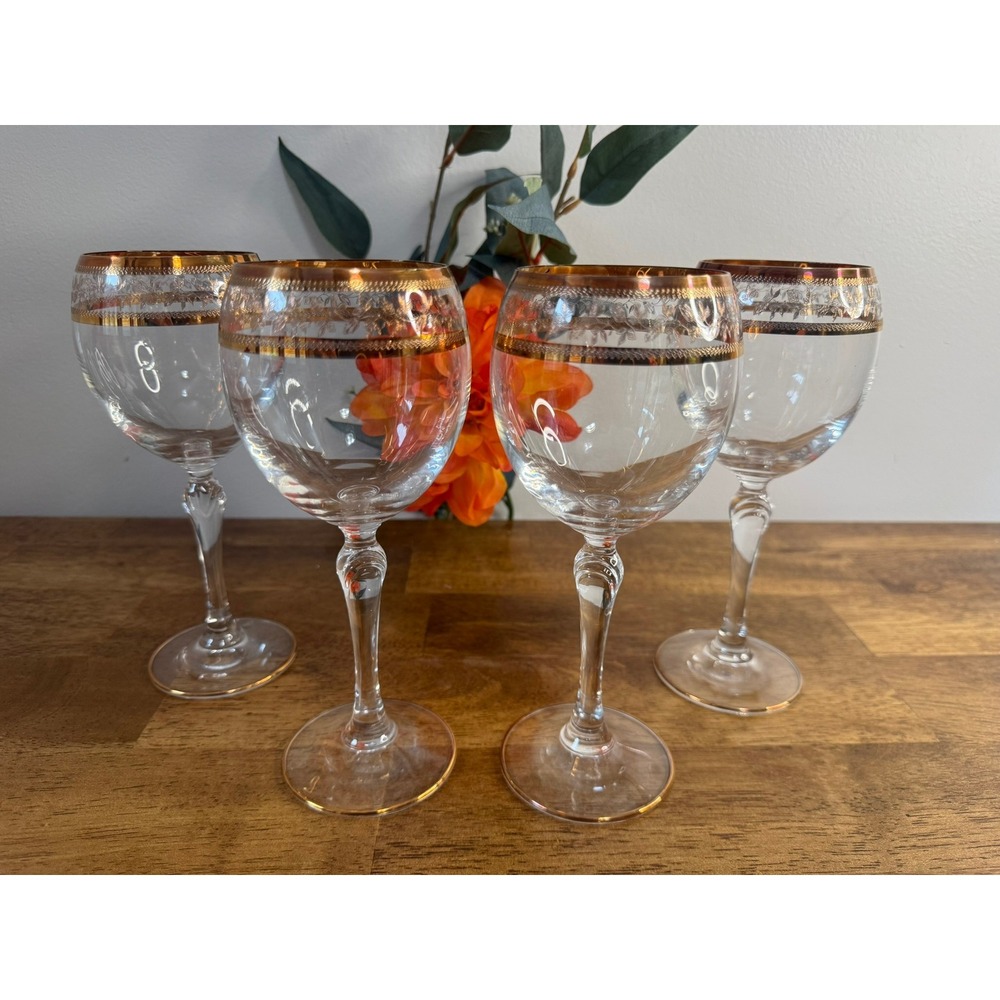 Vintage Copper Encrusted Wine Goblets Etched Floral Rose Gold Stemware Glasses